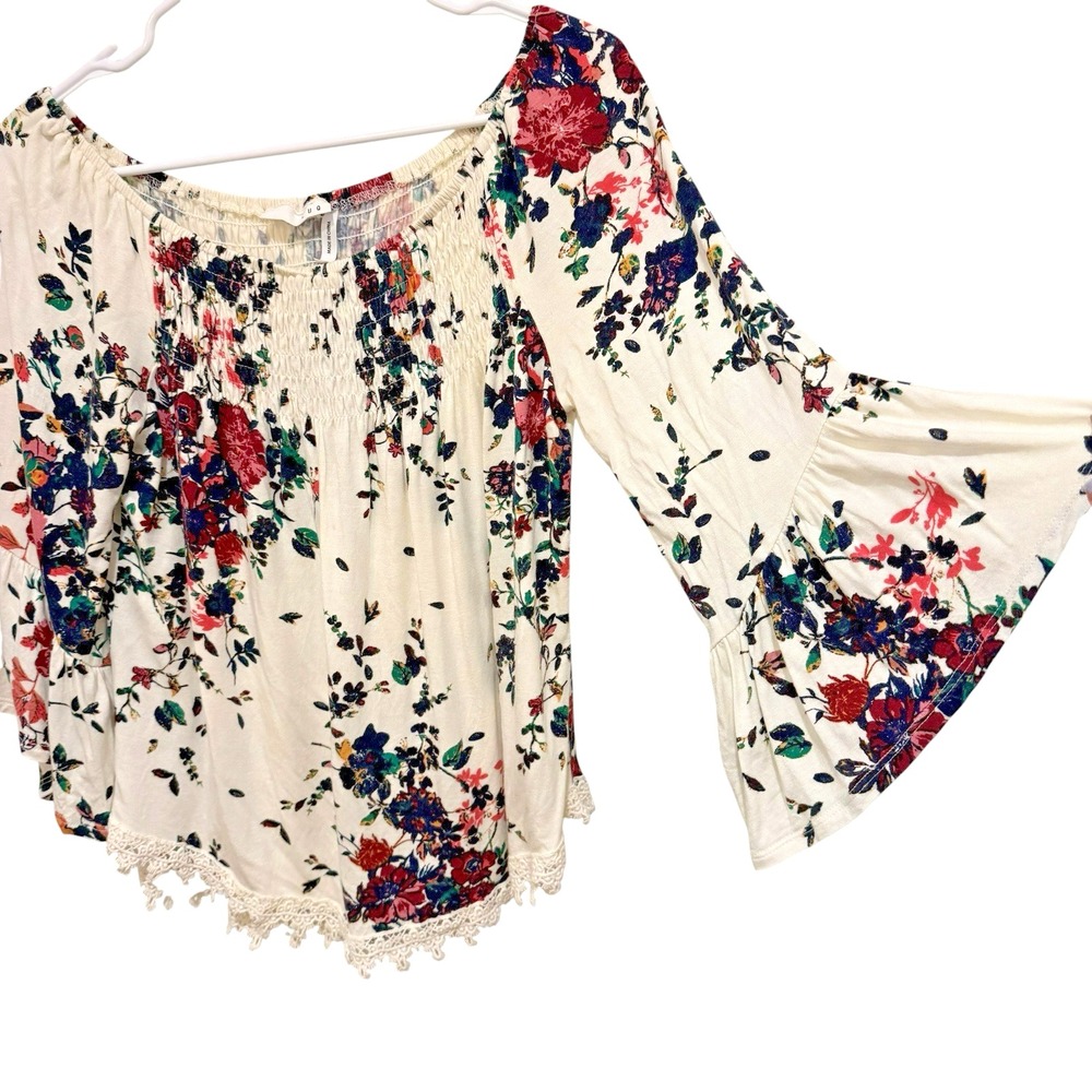 Floral Smocked Crochet Ruffle Bell Sleeve Babydoll Top XS Cottage Fairy Romance